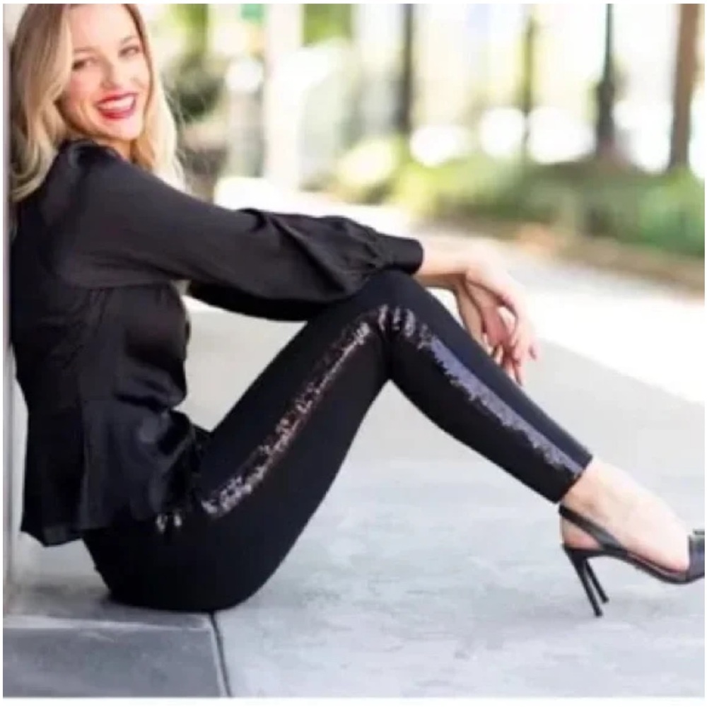 *NEW* SPANX Perfect Black Ponte Knit Pant with Sequin Tuxedo Stripe — S — NWOT